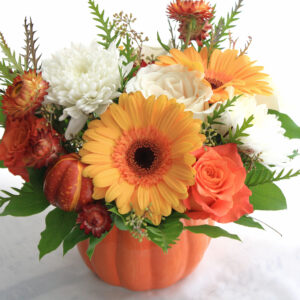 orange and white flowers, pumpkin vase tablecentre